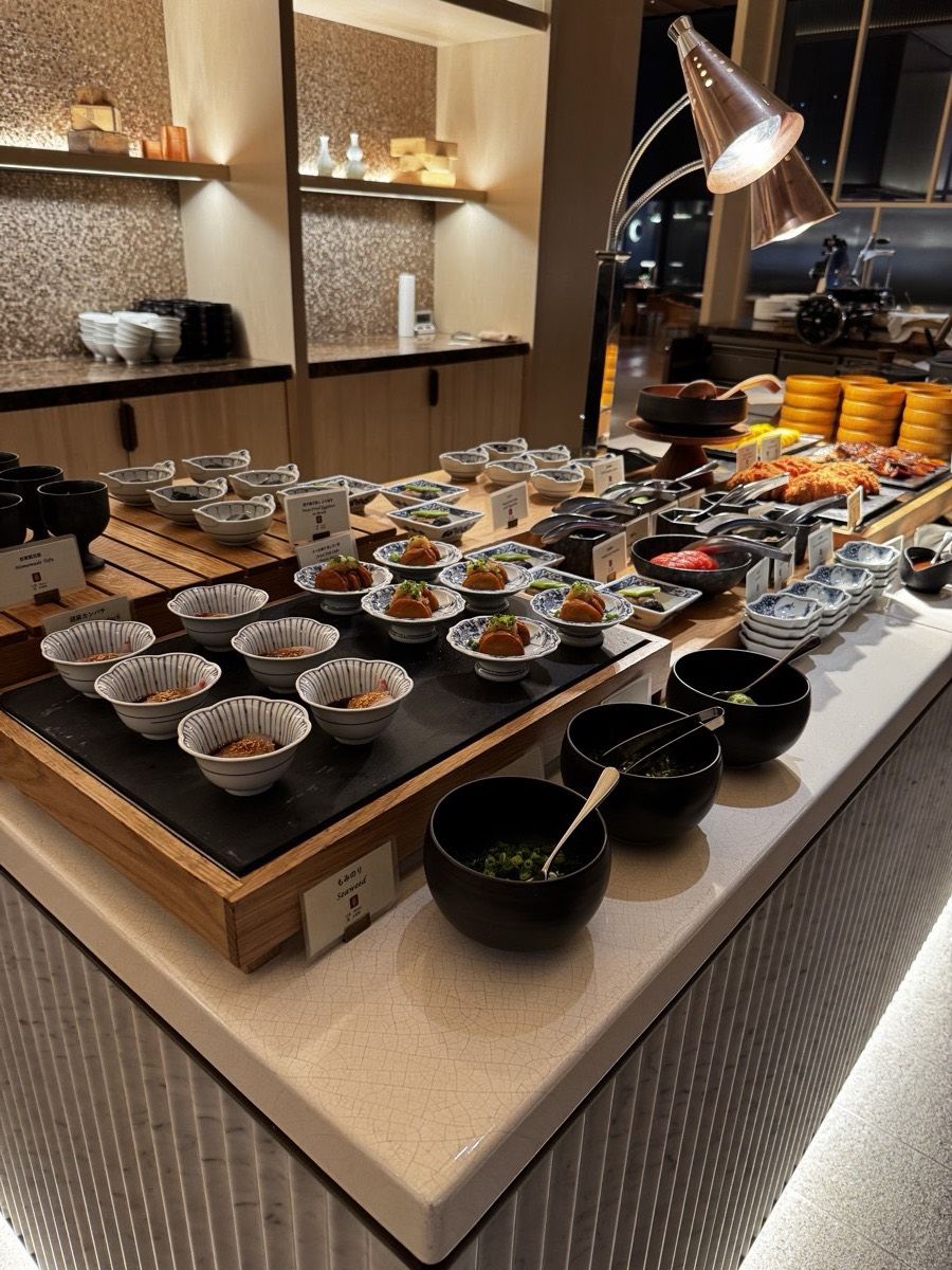 和食を中心としたビュッフェ台に並ぶ小鉢の数々